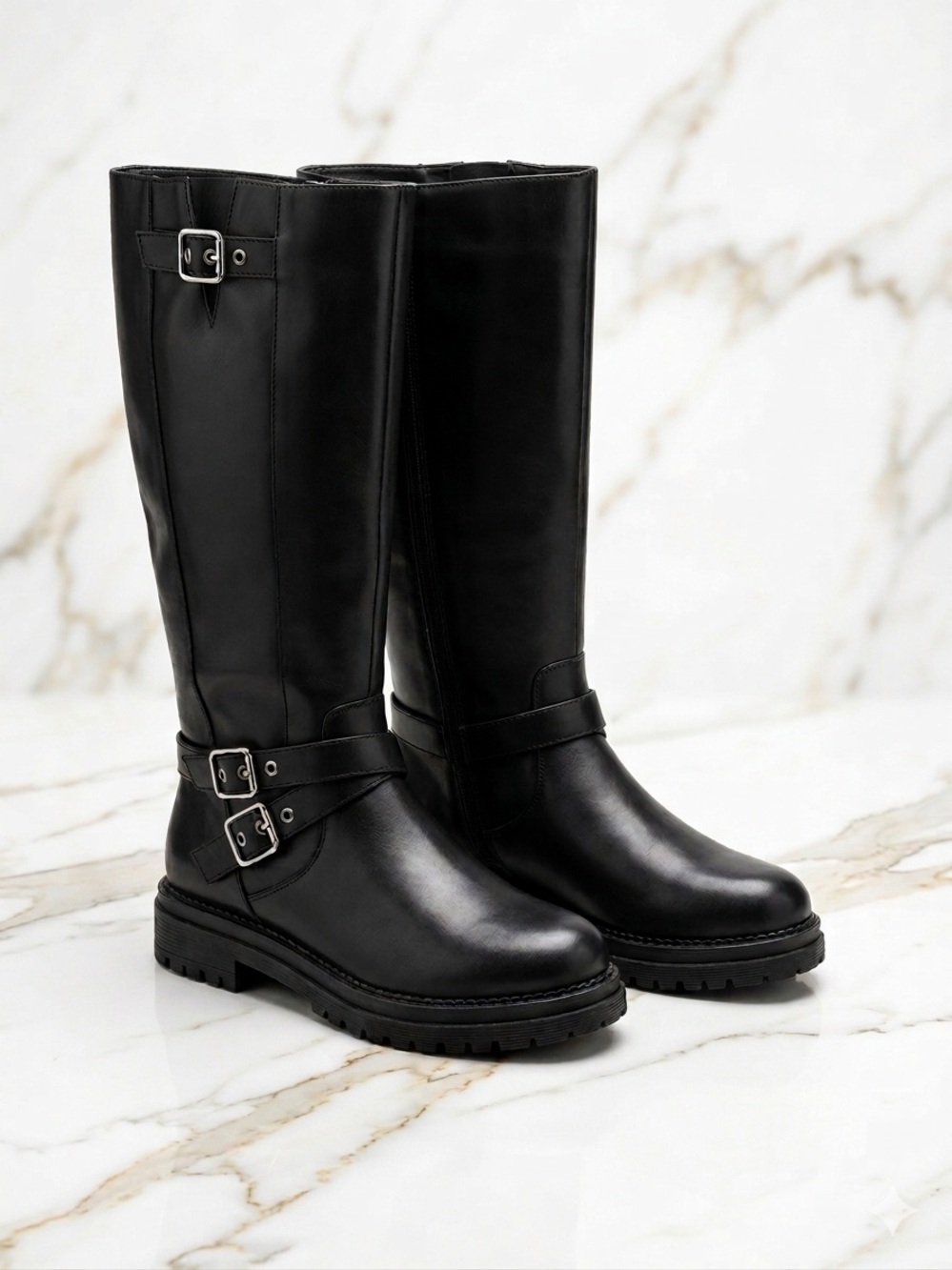 New Women's Black Knee-High Buckle  Boots
